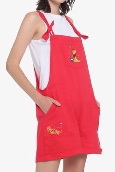 These red shortalls feature Pooh bear embroidered on the front bib pocket with bees and a pot of honey and "Oh bother" with a bee on the right side. Disney Outfits Women, Her Universe, Mama Style, Hooded Dress, Pooh Bear, Disney Winnie The Pooh, Disney Outfits, Disney Style, Hot Topic