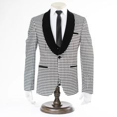 Silver Houndstooth Patterned 3-Piece Tailored-Fit Tuxedo Formal Outerwear With Houndstooth Pattern And Suit Collar, Formal Houndstooth Outerwear With Suit Collar, Formal Houndstooth Pattern Outerwear With Suit Collar, Formal Blazer With Houndstooth Pattern And Lapel Collar, Formal Houndstooth Blazer With Suit Collar, Formal Houndstooth Pattern Blazer With Lapel Collar, Luxury Tailored Houndstooth Blazer, Tailored Semi-formal Blazer With Houndstooth Pattern, Tailored Houndstooth Blazer For Semi-formal Occasions