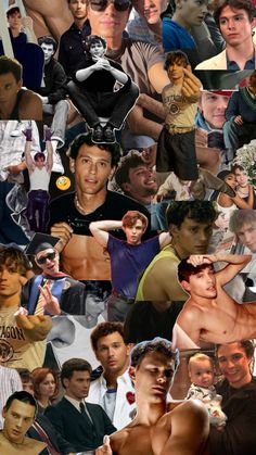 a collage of many different people and one man in the middle with his shirt off