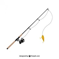 a fishing rod with a yellow fish hook attached to it, and a white background