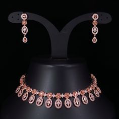 Indian Traditional Metal Stylish Cz Necklace Bridal Set jewellery For Women Rose Gold Cubic Zirconia Diamond Necklace For Wedding, Wedding Jewelry With Sparkling American Diamonds, Cubic Zirconia Jewelry For Reception With Sparkling Stones, Cubic Zirconia Jewelry With Sparkling Stones For Reception, Cubic Zirconia Necklace With Sparkling Stones For Receptions, Hand Set Rose Gold Jewelry For Celebration, Elegant Rose Gold Necklace For Reception, Traditional Rose Gold Cubic Zirconia Jewelry, Hand Set Rose Gold Necklace For Wedding