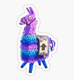 a purple and blue llama sticker with luggage on it's back, standing upright