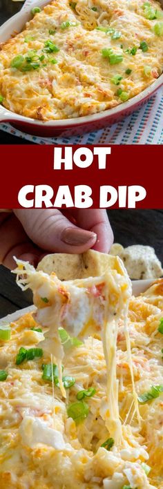 two images showing the process of making crab dip in a casserole dish with cheese and vegetables