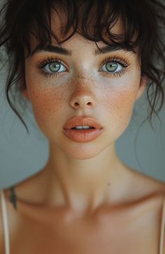 a woman with freckled hair and blue eyes is posing for the camera while wearing a bra