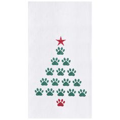 a christmas tree made out of paw prints with a star in the middle and red paws on it