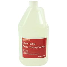 a gallon of clear glue on a white background