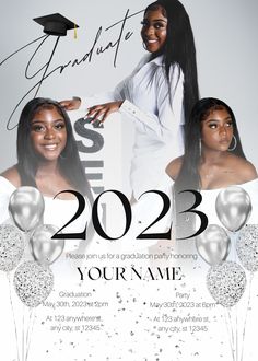 a graduation party flyer with two women in white dresses and balloons on the side,