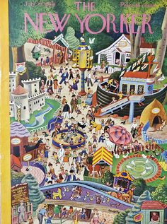 a magazine cover with an image of people in the park and carnival rides on it