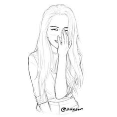 a drawing of a girl covering her face with her hand and looking at the camera