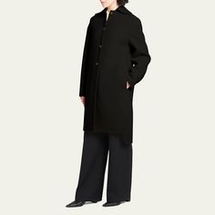 Jil Sander coat in double splittable washed and felted wool Spread collar; single-breasted front Long sleeves; button cuffs Straight fit Hem falls around the knee High-low hem; side slits Wool Made in Italy Jil Sander Coat, Felted Wool, High Low Hem, Jil Sander, Sanders, Wool Coat, Single Breasted, Wool Felt, The Knee