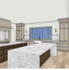 a drawing of a large kitchen with marble counter tops