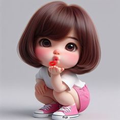 a small doll sitting on the ground with her finger in her mouth