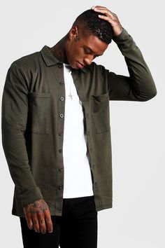 Jersey Utility Button Through Shirt Jacket | boohooMAN Casual Khaki Tops With Buttoned Pockets, Cotton Crew Neck Outerwear With Buttons, Khaki Button Closure Top For Streetwear, Khaki Top With Button Closure For Streetwear, Button-up Tops With Buttoned Pockets For Streetwear, Buttoned Shirt For Streetwear In Fall, Crew Neck Outerwear With Buttons For Everyday, Urban Style Button-up Top For Fall, Everyday Crew Neck Outerwear With Buttons