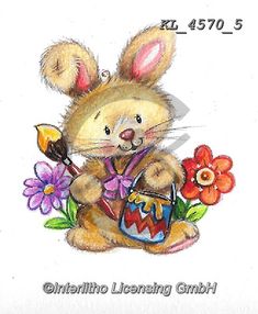 a drawing of a bunny holding a basket with flowers and an easter egg in it