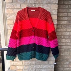 Move Over, Gray Sweaters. This Oversized Knit Is Bright And Brings Life To Any Outfit. Pair It With Jeans, And A Simple Top, And Boom You're Ready To Roll. 55% Cotton, 40% Nylon, 5% Merino Wool Relaxed Fit Wash Delicate, Lay Flat To Dry Nwt Multicolor V-neck Color Block Cardigan, Oversized Multicolor Sweater For Layering, Oversized Color Block Knit Outerwear, Multicolor Textured Knit Winter Cardigan, Cozy Knit Color Block Cardigan, Multicolor Knit Color Block Outerwear, Oversized Winter Color Block Cardigan, Oversized Color Block Cardigan For Winter, Retro Winter Color Block Cardigan