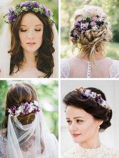 four pictures of different hairstyles with flowers and veiles on them, one is wearing