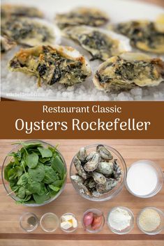 oysters and other ingredients on a table with text overlay that reads restaurant classic oysters rockefellerer