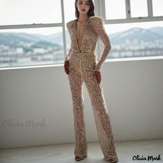 Olivia Mark - Chic and Sexy Golden Long-Sleeved Jumpsuit with Long Trousers Collar Jumpsuit, Fashion Leaders, Floral Print Jumpsuit, Solid Color Jumpsuits, Long Trousers, One Piece Outfit, Long Sleeve Jumpsuit, Printed Jumpsuit, Waist Circumference