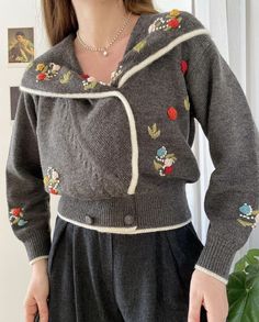 Vintage cardigan embroidered lampwool/Austrian cardigan gray wool/gift for her Austrian Cardigan, Wool Gifts, Checked Blouse, Cardigan Vintage, Vintage Cardigan, Puffy Sleeves, Laura Ashley, Vintage Skirt, Cardigans For Women