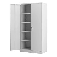 an empty white cabinet with shelves and doors on the front, isolated against a white background