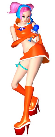 a woman in an orange costume is posing