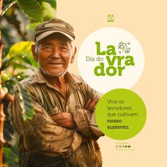 an old man is standing in front of some trees with his arms crossed and the words la do vra dor above him