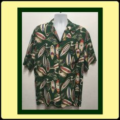 "Vintage reproduction 1950s rayon Hawaiian shirt  1950s vintage reproduction rayon Hawaiian shirt with a pointed loop collar, four button down front and short sleeves. The rayon fabric has a green base color with images of a surfers and surfboard's in white, red, blue, yellow, green and black. The shirt is in vintage condition with general wear. Please see picture above showing wear on collar. Please see measurements for proper fit as shirt has no size label. measures as a large MEASUREMENTS: (A Size Label, Rayon Fabric, Green And Black, 1950s Vintage, Cuff Sleeves, Base Colour, Hawaiian Shirt, Blue Yellow, Red Blue