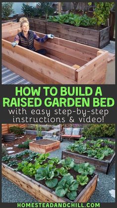 a woman sitting in a raised garden bed with lots of plants and vegetables growing inside