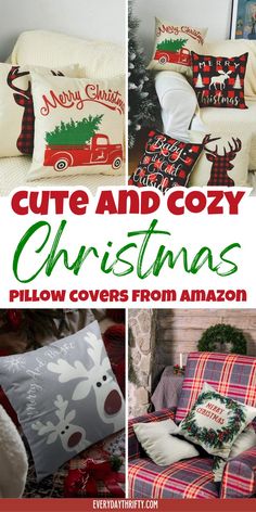 christmas pillows with the words cute and cozy christmas pillow covers from amazon are featured in this collage