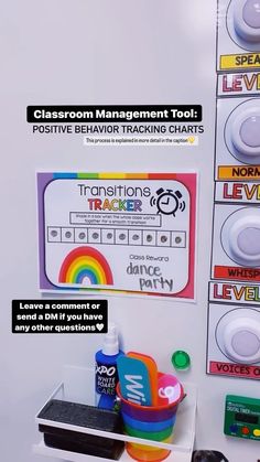 a classroom management tool is displayed on the wall next to other school supplies and magnets