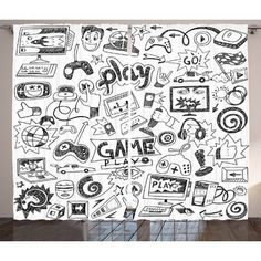 a white brick wall with black and white doodles on it, including the word game day