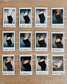 eight pictures of women's butts are arranged on a wooden table with words written below them