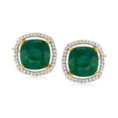 Ross-Simons - 4.00ct t. w. Emerald, .19ct t. w. Diamond Earrings in 18kt Yellow Gold Over Sterling. Give the green light to sophistication. These gorgeous earrings showcase 4.00 ct. t. w. square cushion-cut emeralds illuminated by .19 ct. t. w. diamonds in white rhodium. Polished 18kt yellow gold over sterling silver. Poist/clutch, diamond and emerald earrings. Emerald birthstones are the perfect gift for May birthdays. Green Diamond Earrings With 17 Jewels For Formal Events, Green Diamond Earrings With 17 Jewels For Formal Occasions, Elegant Green Jewelry With Pave Setting, Green Diamond Earrings For Evening, Formal May Birthstone Diamond Earrings, Elegant Green Diamond Earrings With Brilliant Cut, Green Round Earrings With Pave Setting, Green Pave Setting Fine Earrings, Classic Green Diamond Earrings