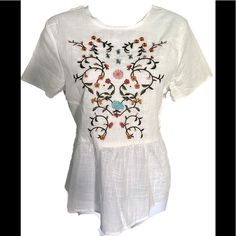 Shein White Embroidered Top - S White Floral Embroidered, Cotton Nwot. Armpit To Armpit-18 , L -22 All Day Are Flat And Approximate White Short Sleeve Embroidered Spring Top, White Short Sleeve Embroidered Top For Spring, White Embroidered Short Sleeve Top For Spring, White Embroidered Top With Short Sleeves For Spring, White Fitted Top With Machine Embroidery, White Short Sleeve Top With Embroidered Hem, Fitted White Top With Machine Embroidery, Fitted White Tops With Machine Embroidery, White Embroidered Hem Top With Short Sleeves