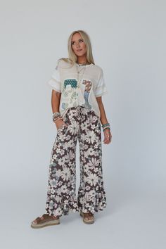 Excited to bring you the Happy Petal Wide Leg Pants from our exclusive collection; The Nest by Three Bird Nest. Check out the rest of the collection here - Inspired by you, created by us. Comfortable, lightweight, stretch, ribbed knit fabric with an eye-catching floral print throughout Relaxed and loose wide leg silhouette High-rise elastic drawstring waistband Convenient side seam pockets Su cute bottom ruffle tiers for added boho style Pair with: Dora Low Back Seamless Bralette, Airy Belle Cro Boho Essentials, Three Bird Nest, Bralette Outfit, Ribbed Knit Fabric, The Nest, Bird Nest, Fall Collections, New Tops, Drawstring Waistband