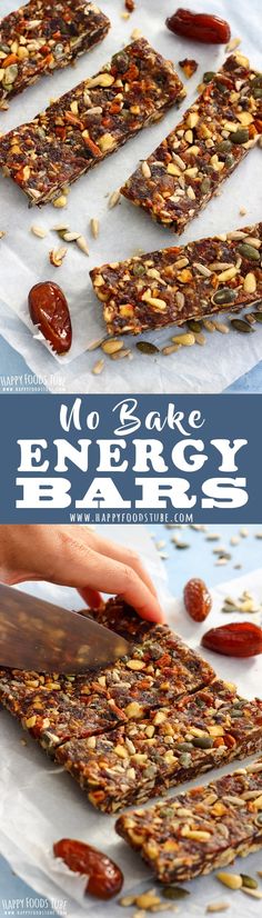 no bake energy bars with almonds and raisins on top, ready to be eaten