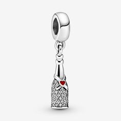 Crack open the bubbly and celebrate in style with our Champagne-inspired charm, cast in sterling silver and detailed with pavé-set clear stones and a red enamel heart. The perfect symbol for any kind of celebration – yours or someone special's – it adds subtle sparkle and movement to Pandora Moments charm bracelets. Available in-store and online. | Pandora Sparkling Wine Bottle Dangle Charm in Sterling silver Wine Bottle Charms, Charms Pandora, Bracelet Pandora, Bottle Charms, Christmas Bead, Pandora Bracelet Charms, Pandora Style, Bracelet Diy, Pandora Bracelets