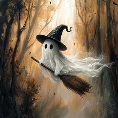 a painting of a ghost flying through the air with a broom in it's mouth