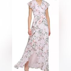 Romance Abounds In This Flowing Ruffled-Hem Floral-Print Maxi Dress From Calvin Klein. Ruffled Hem Flutter Sleeves Zipper Closure At Back Imported V-Neck Dresses For Outdoor Wedding, Vestal Virgin, Different Types Of Dresses, Dresses To Buy, Dresses For Ladies, Maxi Dress Collection, Mother Of Bride Dresses, Wedding Guest Attire, Floral Print Chiffon