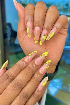 Brighten up with almond nails in sunny yellow hues by @junior_nails_ke, featuring abstract designs accented by elegant gold lines for a chic and vibrant manicure. Explore endless creativity with Nailustrous - For 25 Almond Nail Design Ideas and more, visit our website and elevate your nail game today! Crazy Acrylic Nails, Almond Nail Designs, Manicure Inspiration