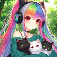 a girl with headphones holding two cats in her arms and looking at the camera