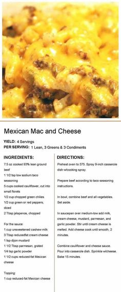 the menu for mexican mac and cheese is shown in this image, with information about it