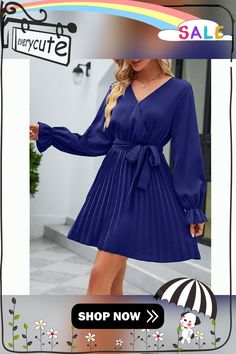 Blue V Neck Long Sleeve Pleated Mini Dress with Belt Blue A-line Mini Dress For Fall, Blue V-neck Pleated Mini Dress, Blue Pleated Mini Dress For Work, Blue Long Sleeve Pleated Dress, Blue Long Sleeve Belted Dress, Blue Belted Long Sleeve Dress, Elegant Blue Belted Mini Dress, Blue Pleated Mini Dress For Date Night, Blue Belted Mini Dress