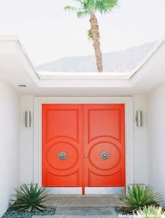 an orange door with two palm trees in the background