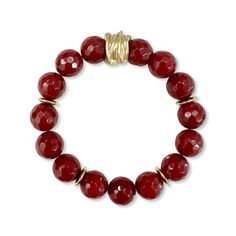 "12mm faceted jade beads in rich cranberry red with gold accent.  Bracelet made to standard length of about 7 1/4\"  with very strong 1mm stretch band. Band is knotted three times and further secured with a drop of invisible jewelry glue. This level of craftsmanship provides the strongest stretch bracelets you will find.  Ships in a Traci's Beads gift sack. Perfect for gifting or treat yourself!" Red Jade Bracelet As Gift, Luxury Red Faceted Beads Jewelry, Adjustable Red Jade Bracelet, Hand-strung Gold Jade Bracelets, Hand-strung Red Coral Beaded Bracelets With Round Beads, Gift Sack, Stretch Bands, Silver Bead Bracelet, Jade Bracelet