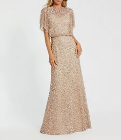 Mac Duggal Pearl Sequin Beaded Mesh Boat Neck Short Flutter Sleeve Shawl Gown | Dillard's Short Mothers Dress, Sequence Gown, Gold Formal Dress, Wedding Guest Gowns, Formal Wedding Guest Dress, Modest Bridesmaid Dresses, Mac Duggal Dresses, Evening Dress Floor Length, Bride Groom Dress