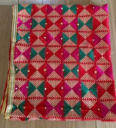 Multicolored Dupatta for women | Phulkari also called Indian Dupatta | Used as Dupatta Stole  Phulkari is traditional artwork of Embroidery indigenous to Punjab region of India. Punjabi women traditionally created it with hand over many days to gift/wear on occasions. This heritage of Punjab is preserved in our Phulkari Dupatta. Hope you have a glimpse of this rich heritage through our Dupattas.  Our feather-soft threads have the lustre that will add a distinct sparkle to your look. Be it your t Red Chanderi Traditional Wear With Mirror Work, Red Traditional Wear With Mirror Work For Diwali, Red Traditional Wear For Diwali With Mirror Work, Motif Dupatta For Puja During Navratri, Multicolor Semi-stitched Embroidered Fabric For Puja, Pink Kundan Dupatta For Traditional Ceremonies, Red Zari Work Saree For Festival, Red Saree With Zari Work For Festival, Multicolor Semi-stitched Traditional Wear For Festival