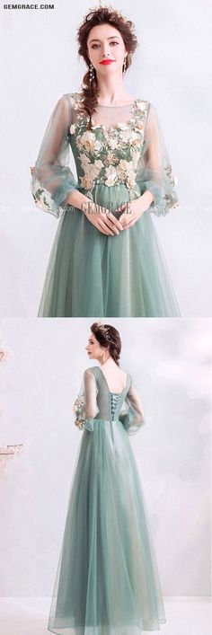 Long Sleeve Tulle Evening Dress For Bridesmaid, Long Sleeve Tulle Evening Dress With Sheer Sleeves, Evening Dress With Sheer Long Sleeves In Tulle, Long Sleeve Tulle Gown For Prom Season, Long Sleeve Tulle Gown For Prom, Long Sleeve Tulle Evening Dress For Prom, Long Sleeve Tulle Dress For Debutante Ball, Spring Tulle Long Sleeve Evening Dress, Green Long Sleeve Prom Gown