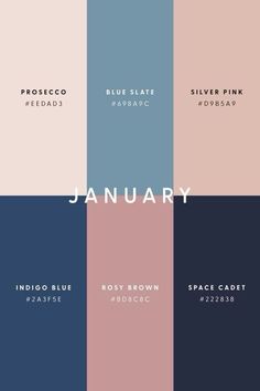 the color scheme for january is shown in several different colors and font styles, including blue, pink, red, purple, black