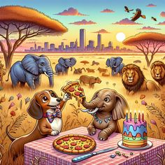 an elephant and dog are eating pizza at a table with other animals in the background